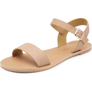 DREAM PAIRS Women's Ankle Strap Flat Sandals Open Toes One Band Buckle Summer Dressy Sandals (Beige, 10)