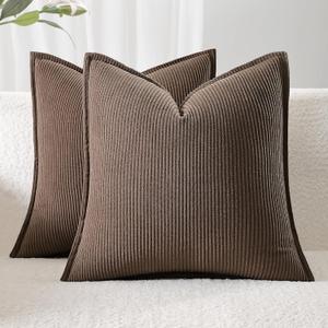 Corduroy Throw Pillow Covers 20x20 Set of 2 Boho Decorative Pillow Covers for Couch, Sofa, Bed Soft Square Cushion Covers for Living Room Decor (No Insert) Latte Brown