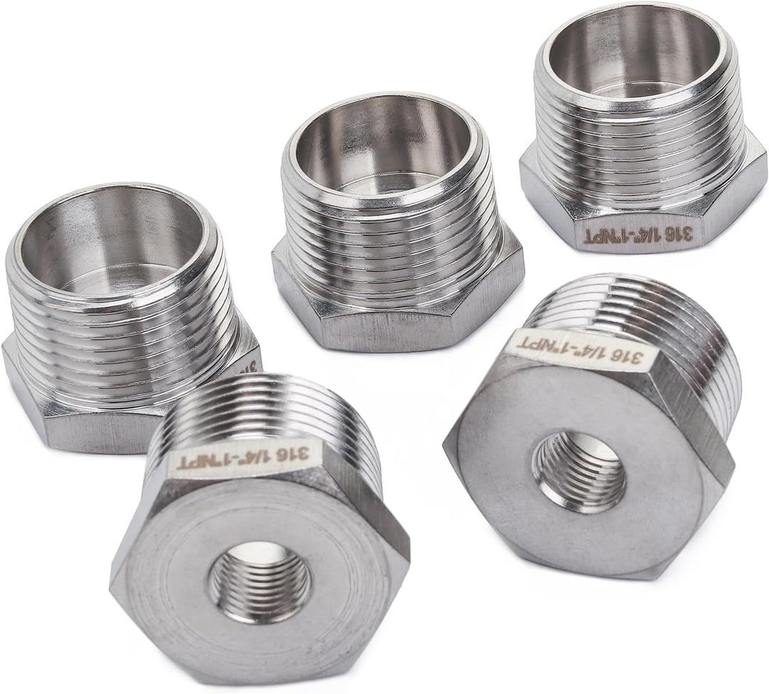 LTWFITTING Bar Production Stainless Steel 316 Pipe Hex Bushing Reducer Fittings 1" Male x 1/4" Female NPT Fuel Water Boat (Pack of 5)