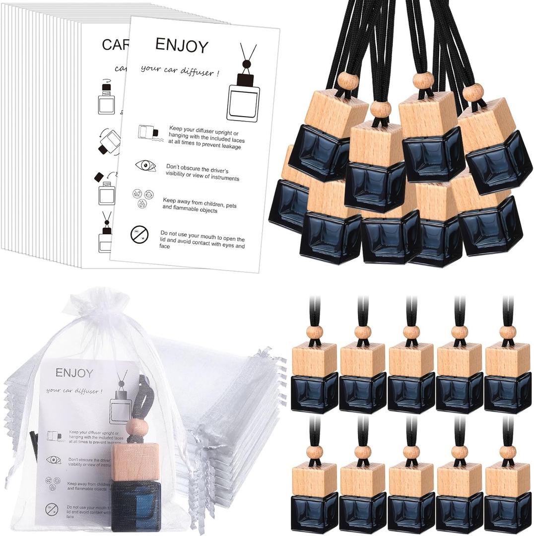 Boao 25 Sets Hanging Car Air Freshener Diffuser Bottles Empty Bulk with Car Diffuser Instruction Cards Organza Bags Glass Refillable Essential Oil Fragrance Aromatherapy Pendant (Square)