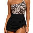 Aidonger One Piece Swimsuit Tummy Control Mesh Swim Dress Ruched Bathing Suit One Shoulder Swimdress Side Tie Swimwear, Large