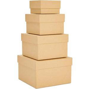 4 Pack Square Nesting Gift Boxes with Lids for Presents, Assorted Sizes, Stacking Decorative Goodie Box for Holiday, Wedding, Birthday, Party Favors (Brown)