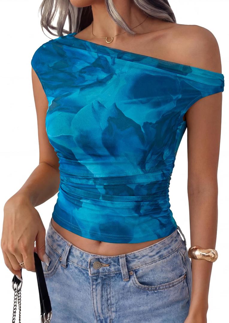 PRETTYGARDEN Women's Off Shoulder Tops 2026 Summer Going Out Crop Tank Tops Spring Fashion Ruched Asymmetrical Floral Mesh Tight Sexy Y2K Shirts Clothes (Blue Green,XL) (Blue, XL)