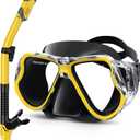 Greatever Dry Snorkel Set,Panoramic Wide View Anti-Fog Scuba Diving Mask,Professional Snorkeling Gear for Adults Kids (Small, Black Yellow)