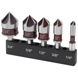 5PCS Countersink Drill Bit Set, Premium HSS Countersink Drill Bit with 82-Degree, 5 Flutes 1/4 Inch Quick-Change Hex Shank, 1/4 Inch to 3/4 Inch Size, Counter Sink Drill Bits for Wood, Metal, Plastic