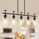 5-Light Linear Chandelier 35.4in Black Kitchen Island Lighting Fixture Dining Room Light Fixture Pendant Lights Ceiling Hanging Modern Kitchen Chandeliers Over Table with Clear Glass Shades