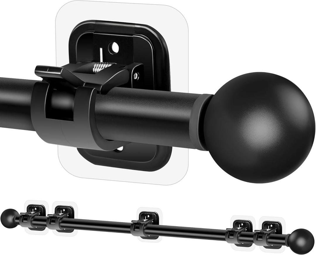 Curtain Rods No Drilling for Windows 48 to 84-96 Inch,5/8 Inch Diameter Drapey Pole with No Drill Curtain Rod Brackets,Renter Friendly Cortineros Para Ventanas with Adhesive Holder Black