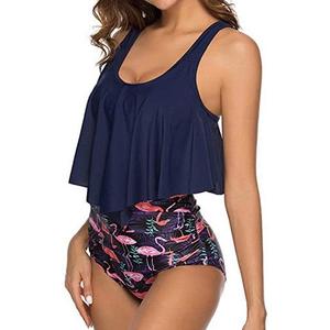 Women High Waisted Bikini Swimsuit Plus Size Flounce Top Vintage Tummy Control Bottom Two Piece Tankini Bathing Suits, Size XXL