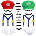 Bros Mary & Luigi Hat Costume Mustaches Gloves Buttons for Halloween Costume Cosplay