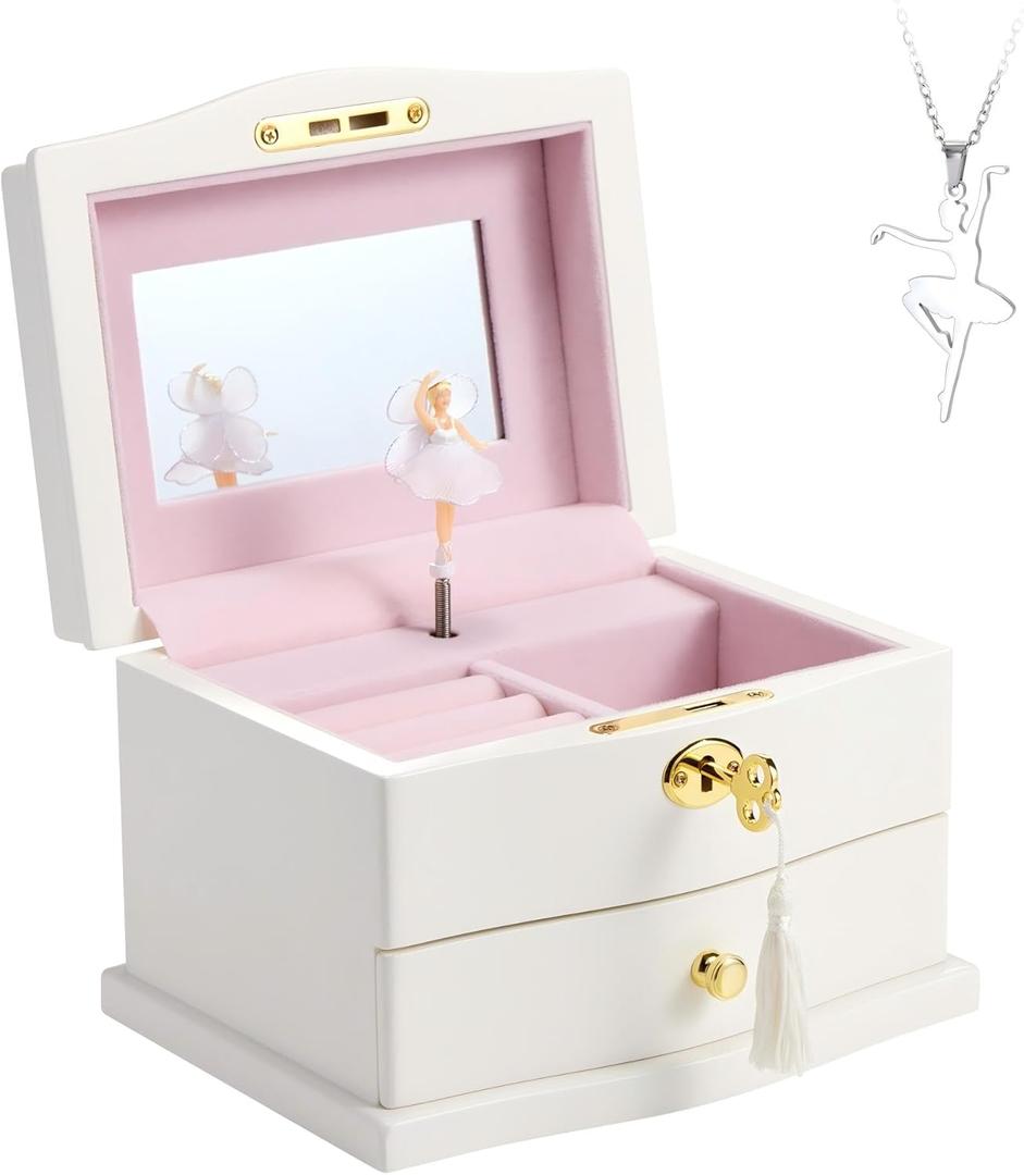 Ballerina Musical Jewelry Box with Mirror for girls and Women，Kid's Jewelry Storage Music Chest (White-L), Gifts for Birthday,Christmas and All Occasions