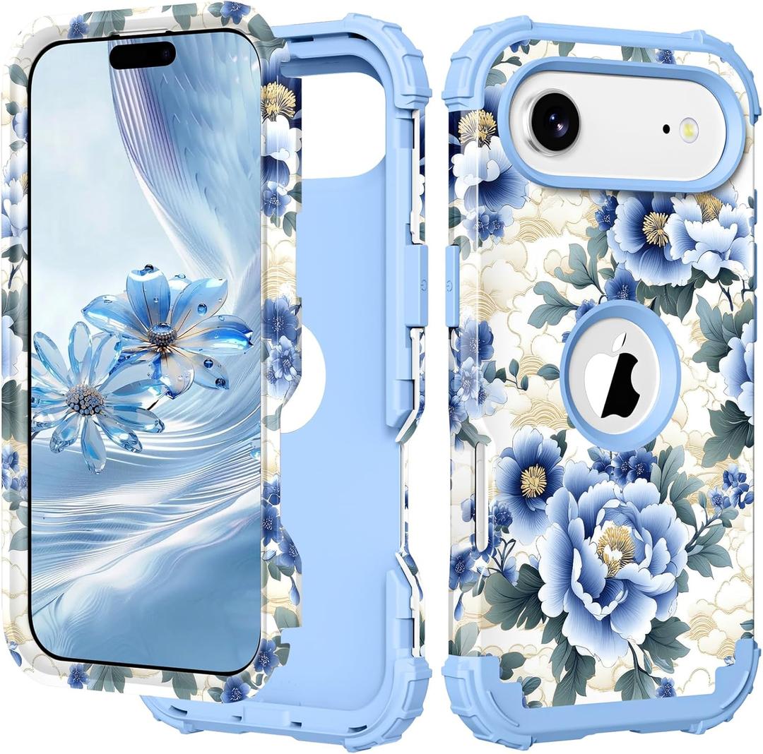 PIXIU Unique Flower Pattern Compatible with iPhone Air 6.5 inch case,Heavy Duty Dual Layer Shockproof Full-Body Protective Sturdy Hybrid Cute Rugged Case for Women,Girls,Kids-Blue Peony (A17)