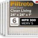 Filtrete 24x24x1 AC Furnace Air Filter, MERV 5, MPR 300, Capture Unwanted Particles, 3-Month Pleated 1-Inch Electrostatic Air Cleaning Filter, 6-Pack (Actual Size23.81x23.81x0.66 in) (24 x 24 x 1)
