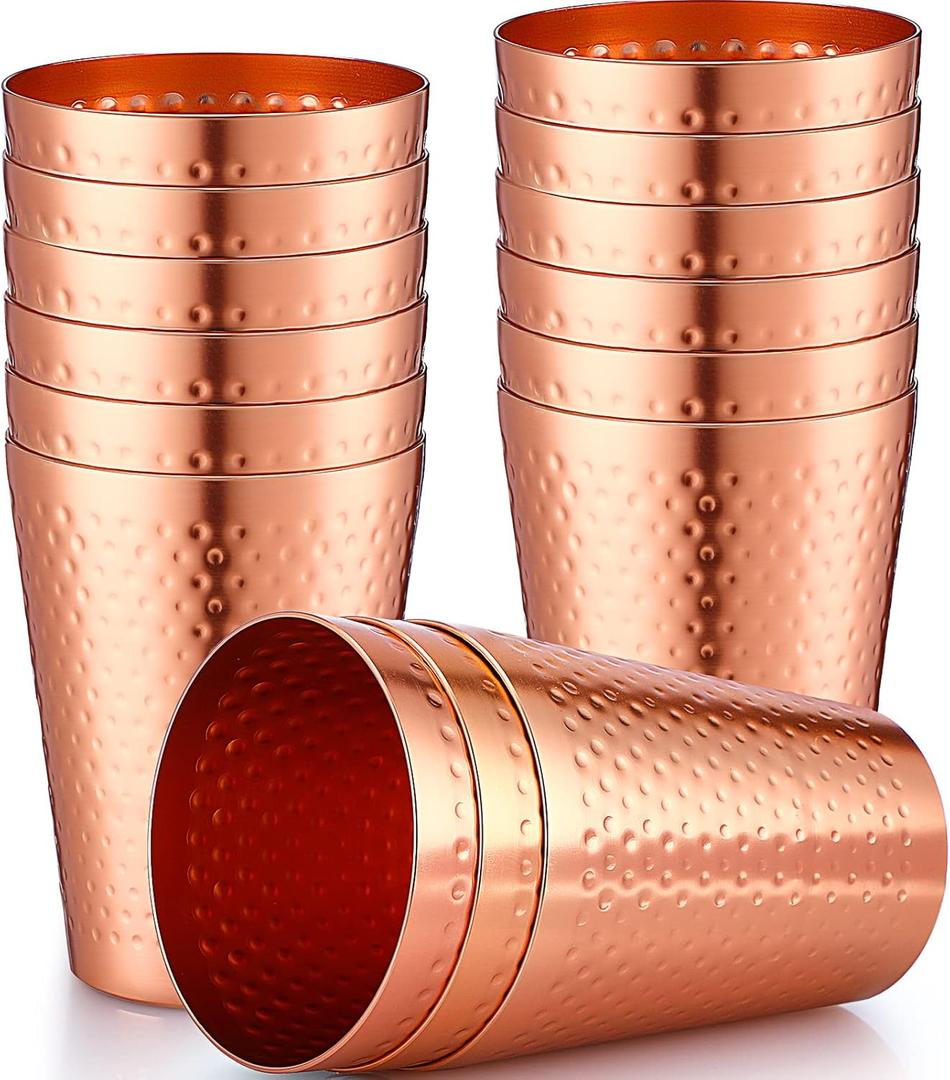 Nuogo 12 Pieces Aluminum Drink Cup, Copper Water Tumblers,14 oz Metal Cups for Drinking, Hammered Surfaces Mirror Finish Stackable Cold Drink Glasses for Red or White Wine Iced Coffee and Moscow Mules (Gold)
