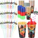 Yungyan 36 Set Monster Truck Party Favors Goodie Cups with Lids and Straws for Birthday Decorations Reusable 16oz Plastic Candy Cups Plastic Straws for Birthday Party (Truck)