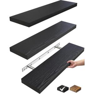 BAYKA Floating Shelves for Wall, 22.5 inches Wall Mounted Rustic Wood Shelves for Bathroom, Bedroom, Living Room, Floating Shelves for Books/Storage/Decor with 22lbs Capacity(Black,Set of 3) (22.5inches)