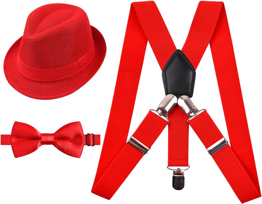 Alizeal 100 Days of School Costume for Kids 2.5cm Elastic Braces 3 Clip Suspender and Bow Tie Set with Fedora Hat (Red)