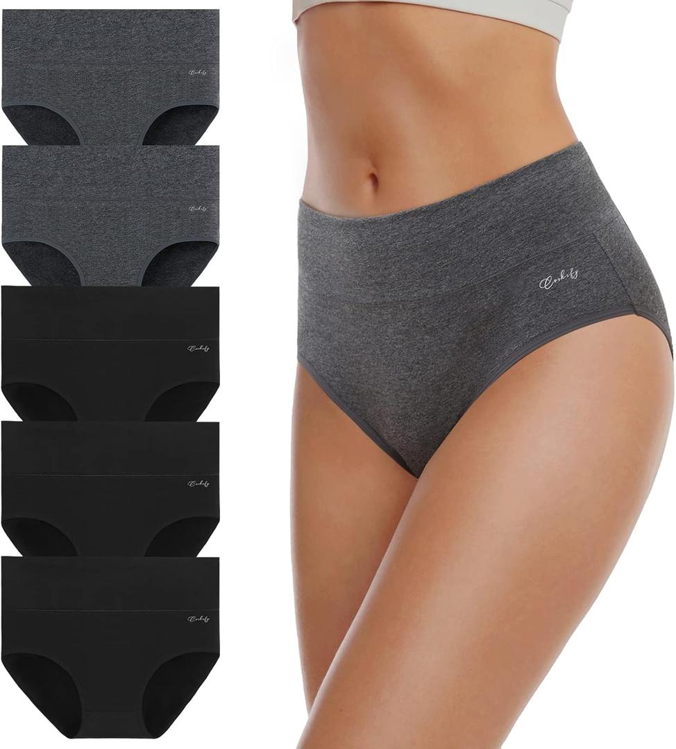 coskefy Women's High Waisted Cotton Underwear Soft Breathable Panties Stretch Briefs Ladies Panties 5 Pack (Large, 3 Back+2 Grey)