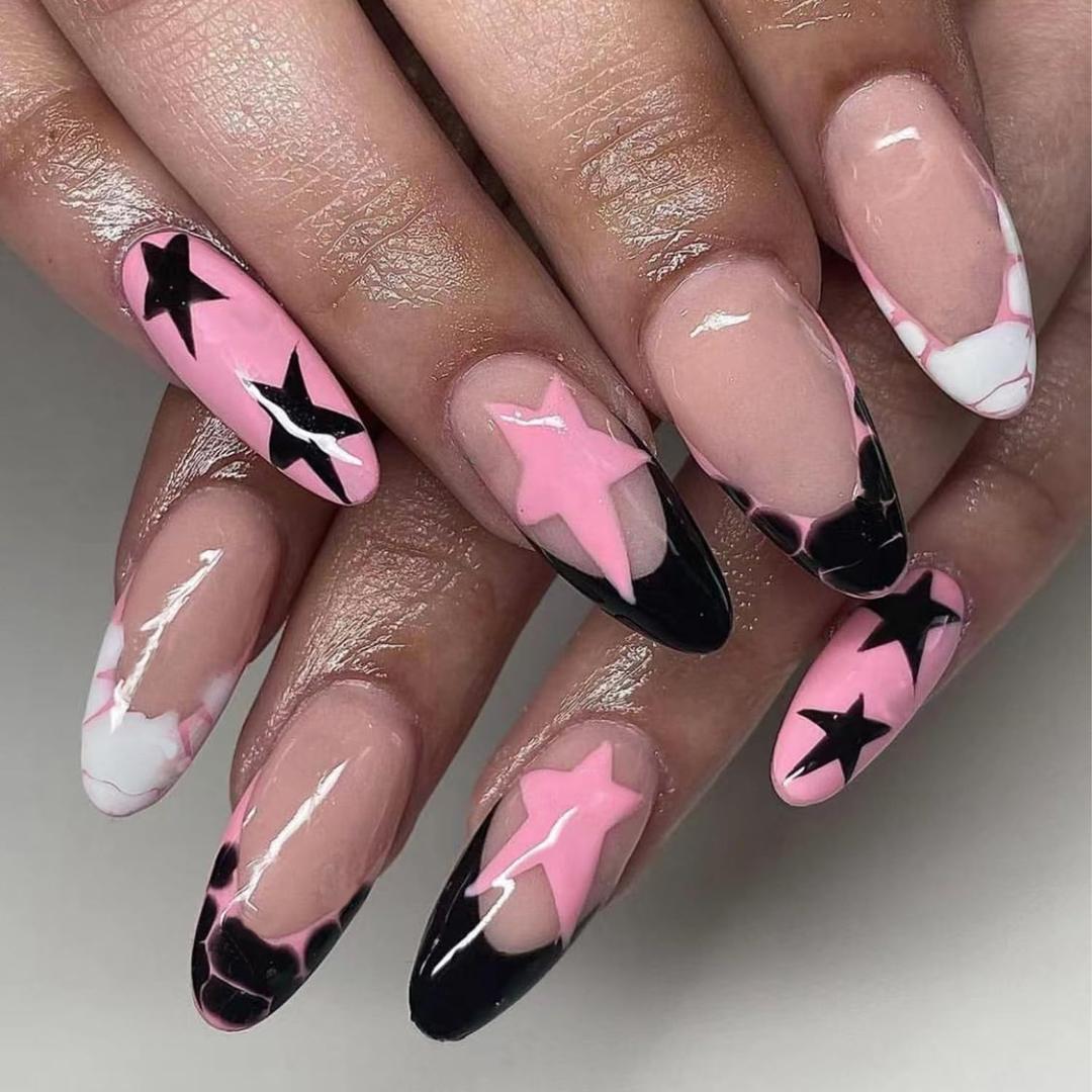 24 Pcs Cute Press on Nails Medium Almond Fake Nails French False Nails with Star Design Stiletto Nail Tips Glossy Glue on Nail Full Cover Stick on Nails for Women Girls Nails Supplies