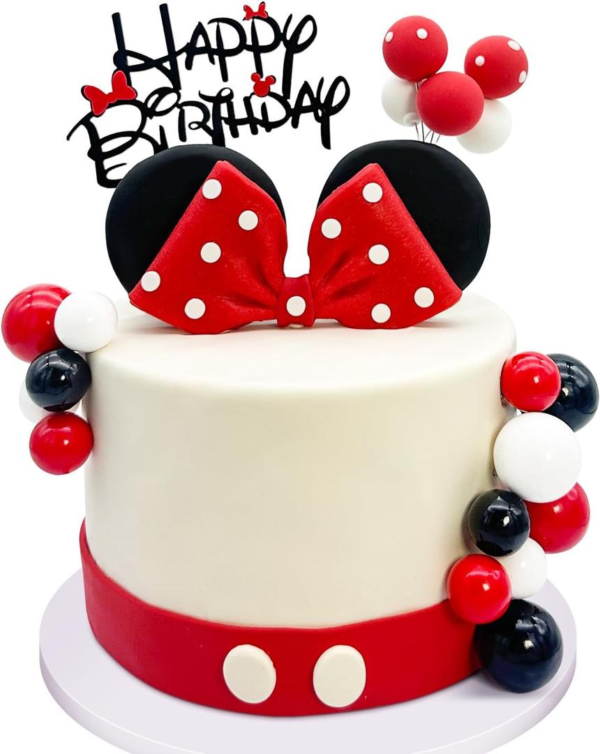 20Pcs Mouse Birthday Cake Topper with Bows and Ears Happy Birthday Party Baby Shower Decorations Supplies (Red)