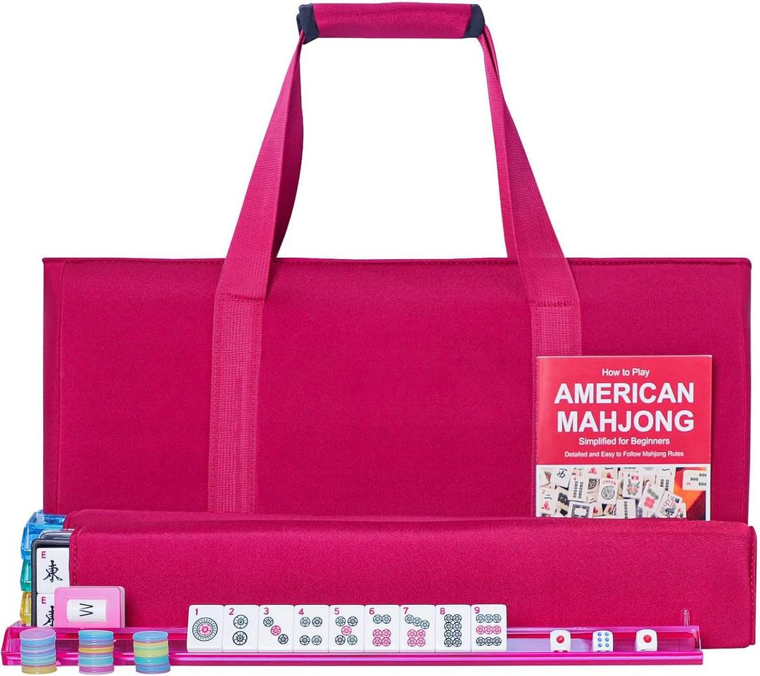 American Mahjong Tile Set, 166 Premium White Tiles, 4 All-in-One Color Rack/Pushers, Complete Mahjong Tiles Set Red Carrying Bag