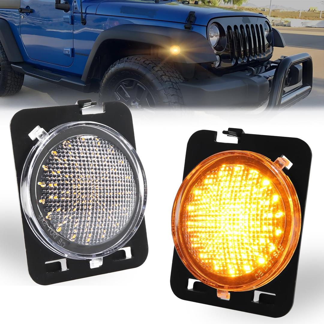 Front Fender LED Side Marker Lights Fit for 2007-2019 J-e-e-p Wrangler JK, [Super-Bright] Clear Lens Side Bumper Marker Lamps, Amber LED Side Markers Turn Signal Lights, 2 PCS