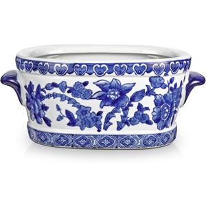 Blue and White Ceramic Planter Pot Vintage Floral Oval Cachepot Vase for Indoor Plants, Flowers & Succulents Glazed Chinese Porcelain Style Decorative Bowl 7.4" Size No Drainage
