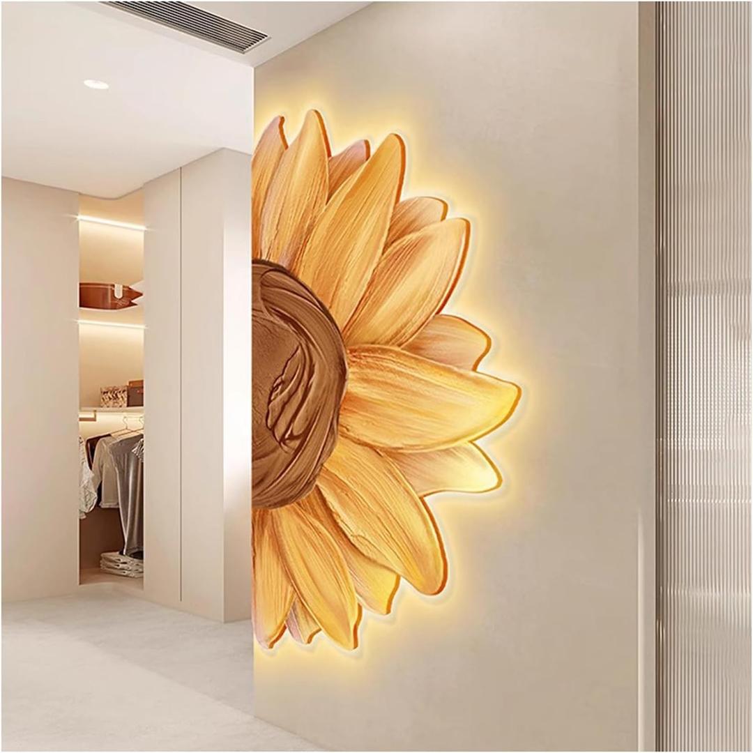 3D Wall Art Decoration, Crystal Porcelain Sunflower Hanging Sculpture, LED Wall Decor for Home Hallway, Living Room and Bedroom