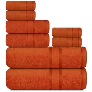 Casa Lino Bath Towel Set of 8 (2 Bath Towels, 4 Wash Cloths & 2 Hand Towels for Bathroom) - 100% Cotton - Highly Absorbent & Quick Dry - Guest Room Essentials for Bathroom Set - Coral Orange
