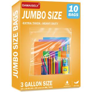 10Pack Extra Large Plastic Storage Bags, Zipper Seal, 2.4-mil Thick, Heavy Duty, 3.5 Gallon 16" x 19", Jumbo Zippered Plastic Bags for Food, Clothes, Travel, Moving
