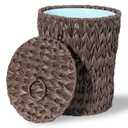 Plastic Wicker Trash Can with Lid - 2.6 Gallon Small Garbage Can with Removable Liner Bucket for Bedroom, Bathroom, Living Room - Boho Hand Woven Waste Basket for Home, Office, Brown