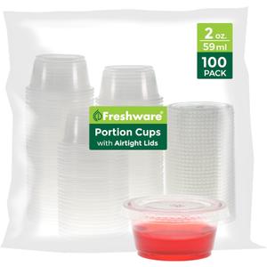 Freshware Plastic Portion Cups with Lids [2 Ounce, 100 Sets] Disposable Plastic Cups for Meal Prep, Salad Dressing, Jellos Shot Cups, Souffle Cups, Condiment and Dipping Sauce Cups