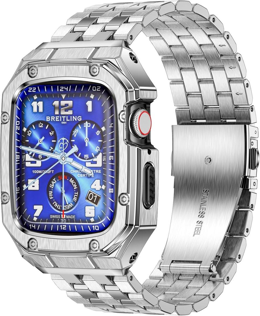 MioHHR Stainless Steel Watch Case with Bands Compatible with Apple Watch Band 46mm Series 11 10, Metal Cover Bumper with iWatch Bands for Apple Watch Series 11/10 46mm, Silver