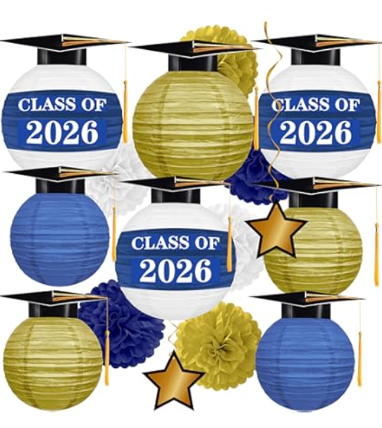 Gilprop 15 Pcs Blue and Gold Graduation Decoration 2026 Paper Lanterns Graduation Party Decorations Hanging Round Paper Lanterns with Black Grad Hat Tassel for Congratulation Grad Decorations
