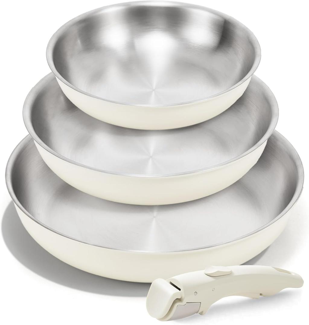 KITEXPERT Non Stick Stainless Steel Pan Set  8", 10", 12" Tri-Ply Frying Pan Skillet with Removable Handles, PFOA-Free, Cream White Ceramic Exterior, Dishwasher safe, Compatible with All Stovetops