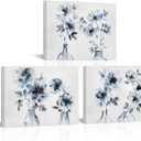 HOMEOART Floral Canvas Wall Art Watercolor Flower Prints for Living Room Bedroom Decor, Framed Artwork Ready to Hang Bathroom Wall Decor,12x16inchx3Pieces (Blue)