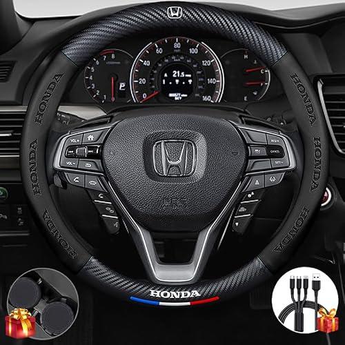 Steering Wheel Cover Compatible with Honda, Nappa Leather&Carbon Fiber Texture Steering Wheel Cover, 14.5-15 Inch Diameter with 2 Coasters and USB Fast Charging Cable (Black)