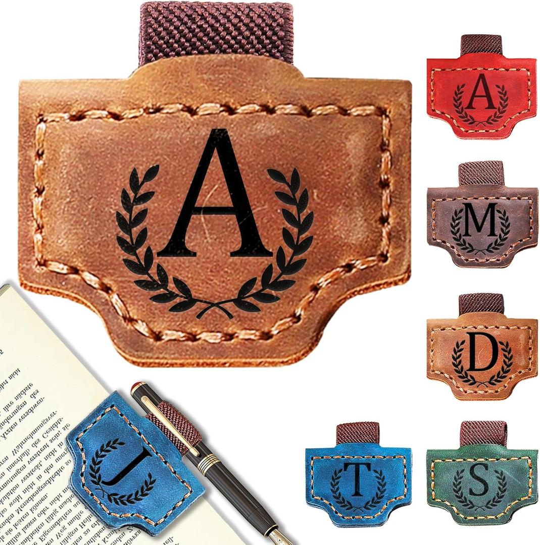 Personalized Leather Magnetic Bookmark with Pen Holder, Bookmark 26 Letters Name Initial Bookmarks for Readers, Book Lover Gifts for Women Men Notebook Accessories (Brown, A)