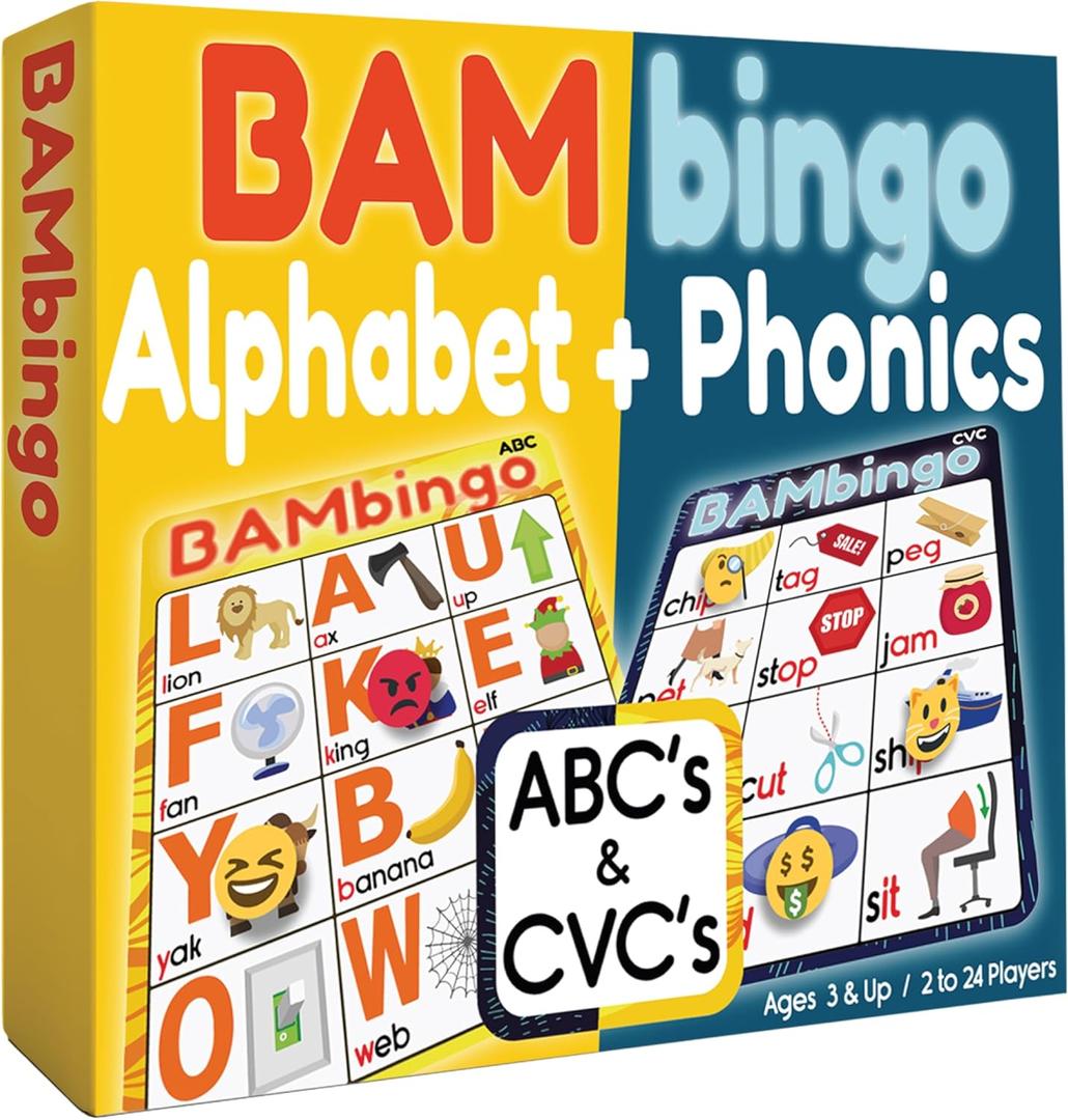 THE BAMBINO TREE Alphabet and Phonics Bingo - ABC Learning Letter Recognition and CVC Words with Pictures - Phonics Games for Kids Ages 3-7 yrs Preschool Kindergarten