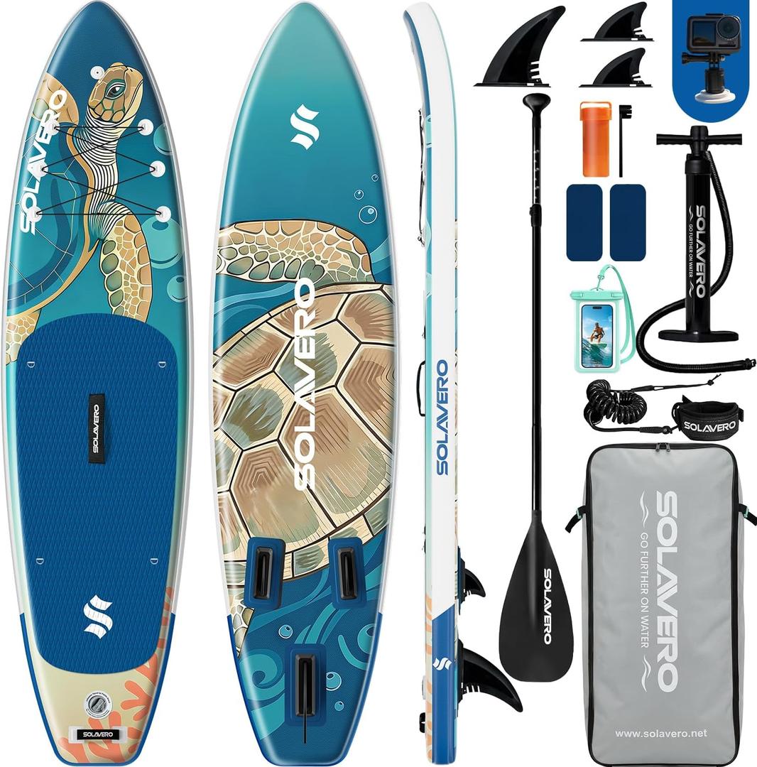 SOLAVERO Stand Up Paddle Board 11' Inflatable SUP for Adults, Blow Up Paddle Board with Non-Slip EVA Deck 500LB Capacity Wide Board for All Skill Levels  Turtle Paradise