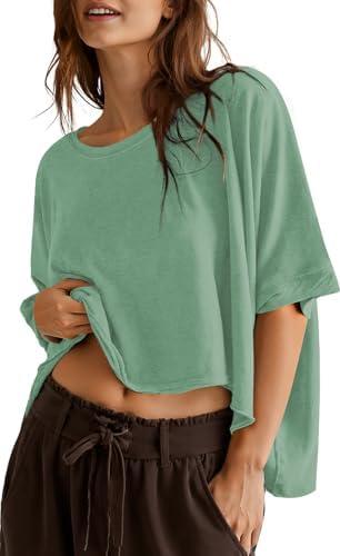 UEU Womens Summer Oversized Tops Casual Loose Crop T Shirts Crewneck Basic Boxy Tee Shirt Trendy Outfits Blouse ,2XL