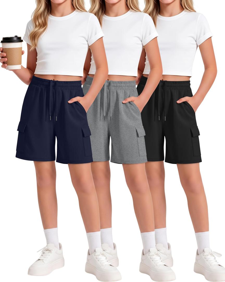 Ficerd 3 Pack Girls Cargo Bermuda Shorts, 3-Color, 9-10 Years