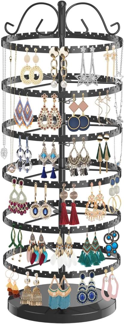 LASZOLA 6 Tier Black Earring Holder Organizer Tree Women Display Storage for Stud and Hoop, Large Cool Rotating Clip Stand for Pierced and Dangle Earring, Vertical Metal Tower Carousel with 480 Holes