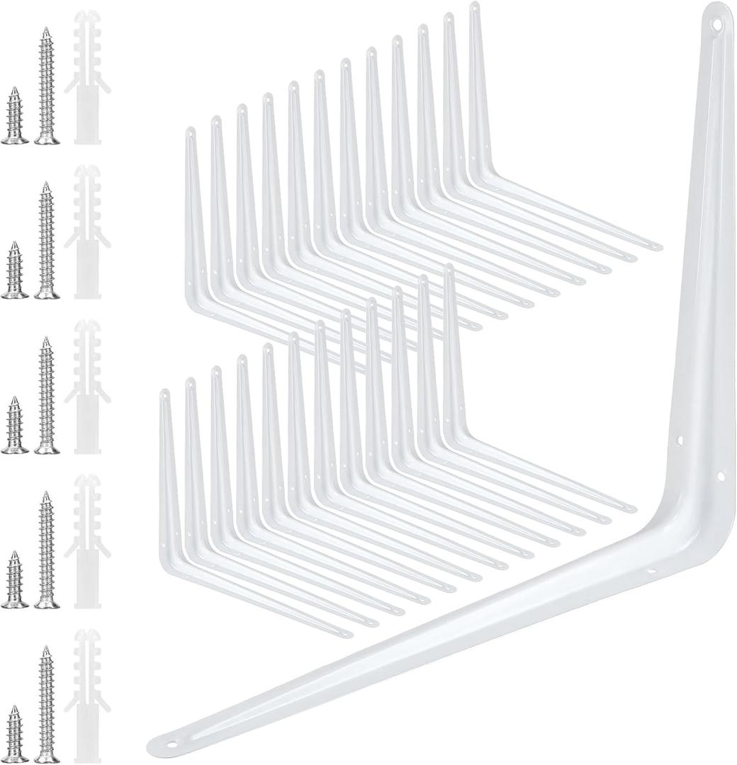 SOUJAP 24 Pack 10 x 12 Inch White Shelving Brackets, Metal L Brackets Supports, Wall Corner Angle Shelf Brackets with 144 Screws and 72 Plastic Expansion Tubes for Wall Hanging