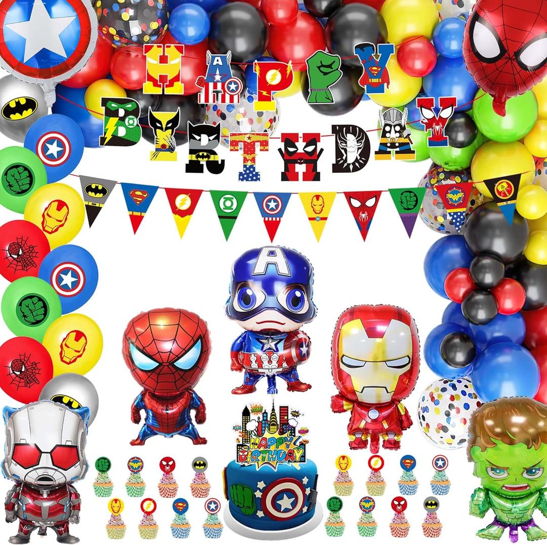 Cartoon Themed Birthday Party Decorations Set, Hero Themed Party Favors, Party Supplies Set Include Banner, Foil Balloons,Printed Balloons
