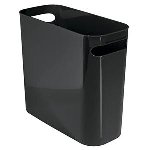 mDesign Plastic Small Trash Can, 1.5 Gallon/5.7-Liter Wastebasket, Narrow Garbage Bin with Handles for Bathroom, Laundry, Home Office - Holds Waste, Recycling, 10" High, Aura Collection, Black