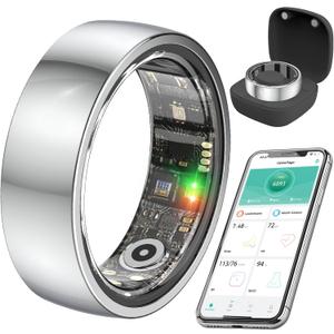 Smart Health Ring for Women Men,Fitness Rings Tracker with Blood Pressure Monitor Heart Rate Blood Oxygen Sleep Monitor IP68 Waterproof Step Counter Calorie Tracker Health Rings for Android iOS Phones (7, Silver)