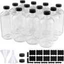 PINIWON 12 Pack 16 oz Clear Glass Bottles, Boston Round Sample Bottles with Black Poly Cone Caps, Labels and Funnels