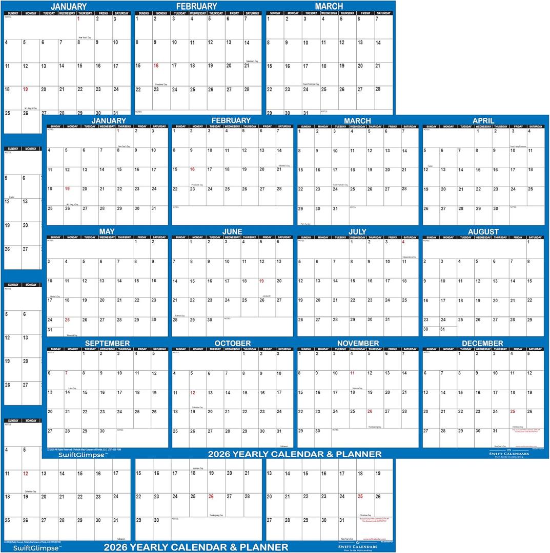 24" x 36" SwiftGlimpse 2026 Wall Calendar Erasable Large Wet & Dry Erase Laminated 12 Month Annual Yearly Wall Planner, Reversible, Horizontal/Vertical, Navy