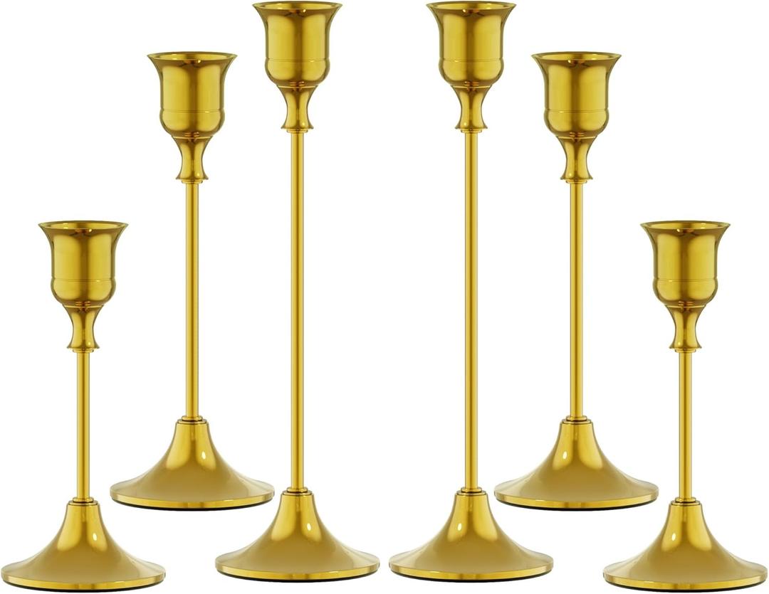 FSyueyun Gold Candle Holders Set of 6, Elegant Metal Candlestick Holders for Vintage Taper Candle Holders, Perfect for Table Centerpieces, Fireplace Mantels, Home Decor, Weddings and Party Decorations