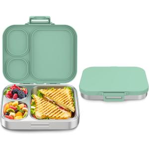 Stainless Steel Bento Box Kids, Leak Proof Metal Bento Lunch Box,3 Compartments 304 Stainless Steel Bento Lunch Containers for School and Office, BPA-Free(Green)